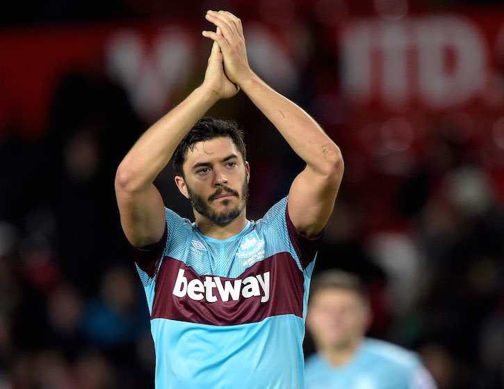MANCHESTER, ENGLAND - DECEMBER 05:  James Tomkins of West Ham United applauds the travelling supporters at the final whistle of the Barclays Premier League match between Manchester United and West Ham United at Old Trafford on December 05, 2015 in Manchester, England.  (Photo by Arfa Griffiths/West Ham United via Getty Images)
